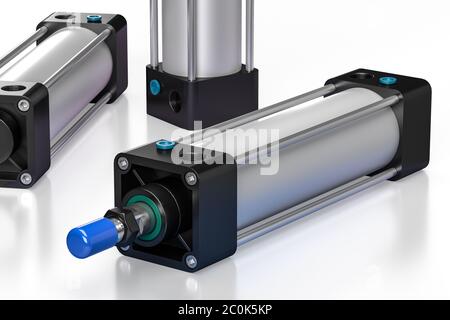 Doppelt wirkender pneumatischer Kolbenzylinder isoliert auf weißem Hintergrund mit Reflexion - 3D-Rendering Stockfoto