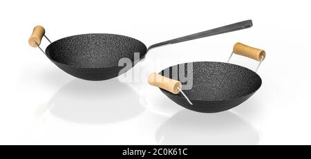 Bratpfanne für chinesische Gerichte - EIN Satz von zwei Wokes mit Holzgriffen isoliert auf weißem Hintergrund mit Reflexion - 3d-Render Stockfoto