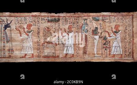 Altägyptisches Buch der Toten Papyrus - Aaner Buch der Toten, Theben - 21. Dynastie (1076-943C).Ägyptisches Museum von Turin. Schwarzer Hintergrund während Stockfoto