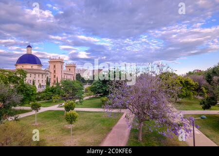 Valencia Turia River Gardens Jardin del Turia, Museum der Schönen Künste, Freizeit- und Sportbereich, Spanien. Panorama bei Sonnenuntergang. Stockfoto