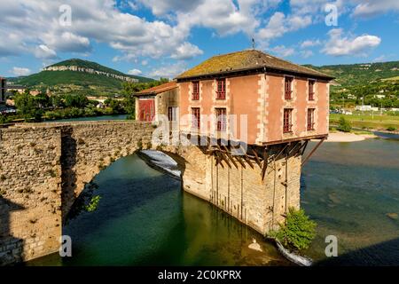 Alte Brücke Stadt Millau am Fluss Tarn, natürliche Regionalpark Grands Causses. Aveyron Department, Occitanie, Frankreich Stockfoto