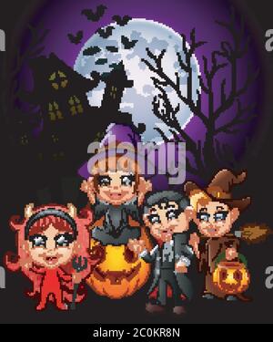 Happy Halloween lila Hintergrund mit Kindern in Halloween Kostüm Stock Vektor