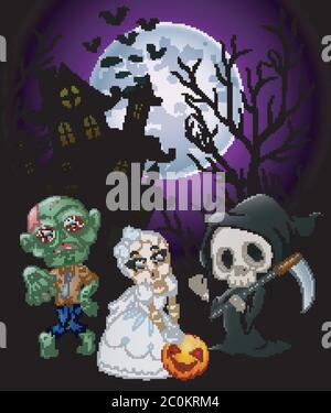 Halloween Kostüme Grim Reaper mit Totenkopf Braut und Zombie auf verwunschenen Schloss Hintergrund Stock Vektor