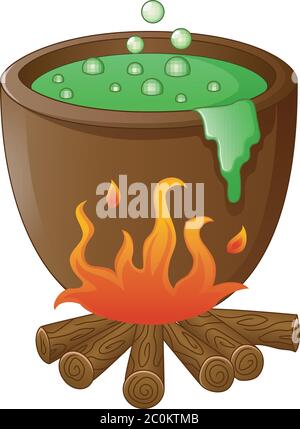 Kessel mit kochendem grünen Trank auf Holzfeuer Stock Vektor