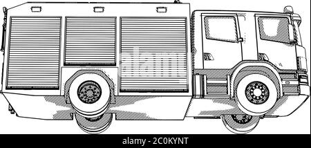 Skizze eines Feuerwehrwagens mit Schraffierungsvektor Stock Vektor