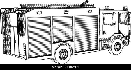 Skizze eines Feuerwehrwagens mit Schraffierungsvektor Stock Vektor