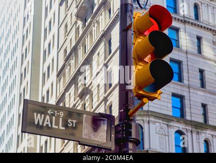 New York, New York State, Vereinigte Staaten von Amerika. Ampel an der Ecke der Wall Street und Broadway. Stockfoto