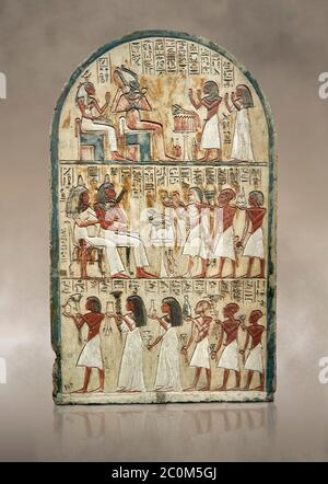 Alte ägyptische Grabstele des Malers Maya, Kalkstein, New Kingdom, 18. Dynastie, (1336-1292 v. Chr.), Deir el-Medina, Ägyptisches Museum, Turin. Gefahren Stockfoto