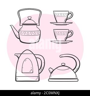 Tee- und Kaffeekocher. Verzierte Teekanne, Milch- und Wasserbecher, Kaffee- und Teetasse, Kaffeemaschine. Doodle skizzierte Style Kollektion. Satz 2 von 5. Stock Vektor