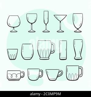 Küchenutensilien. Gläser und Tassen. Sammlung von Küchenutensilien zum Trinken. Handgezeichnete Kollektion im umrissenen Stil. Stock Vektor