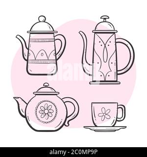 Set mit Teekanne. Verzierte Teekanne, Milchbecher, Kaffee- und Teetasse. Doodle skizzierte Style Kollektion. Satz 1 von 5. Stock Vektor