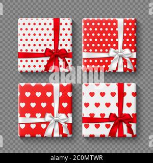 Set von 3d Geschenkboxen mit realistischer Schleife. Stock Vektor