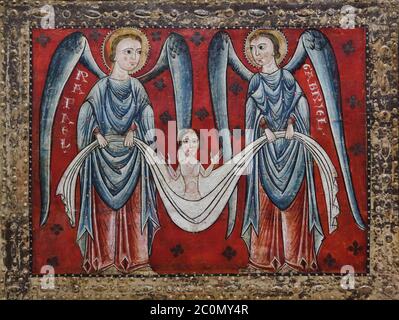 Erzengel Raphael und Erzengel Gabriel mit dem Jesuskind, das im romanischen Antependium (Altar frontal) dargestellt ist, das als Antependium der Erzengel aus dem zweiten Viertel des 13. Jahrhunderts bekannt ist, wahrscheinlich gemalt vom Meister von Sant Pau de Casserres (Mestre de Sant Pau de Casserres) Gemalte Wandmalereien in der Kirche Sant Pau de Casserres in der Stadt Casserres (Berguedà) in Katalonien, Spanien, jetzt auf dem Display im National Art Museum von Katalonien (Museu Nacional d'Art de Catalunya) in Barcelona, Katalonien, Spanien. Stockfoto