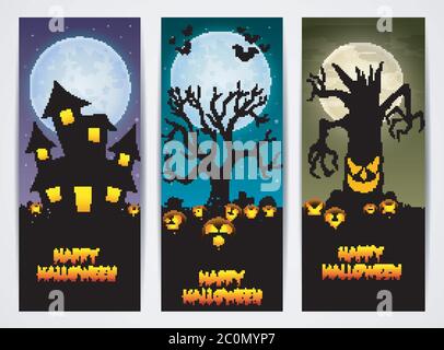 Drei Halloween Banner mit Burg und Kürbis und gruseligen Baum Stock Vektor