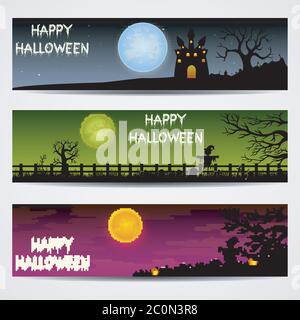 Drei Halloween Banner mit Schloss und Vogelscheuche Stock Vektor