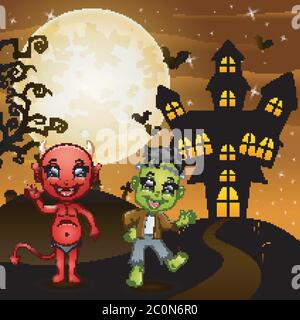 Halloween Hintergrund mit rotem Teufel und frankenstein Stock Vektor