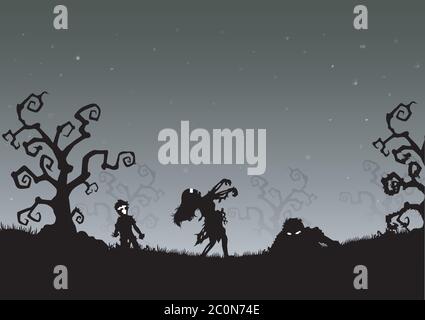 Halloween Nacht Hintergrund mit Zombies im Gras Stock Vektor