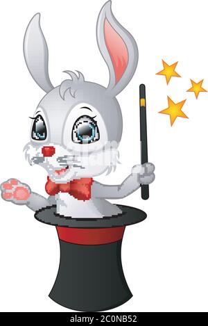 Vektor-Illustration von Cute Cartoon Kaninchen in einem magischen Hut mit einem Zauberstab Stock Vektor