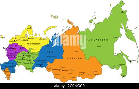 Bunte Russland politische Karte mit deutlich beschrifteten, getrennten Schichten. Vektorgrafik. Stock Vektor