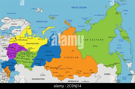 Bunte Russland politische Karte mit deutlich beschrifteten, getrennten Schichten. Vektorgrafik. Stock Vektor