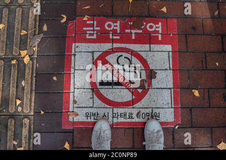 Sneakers stehen über Rauchverbot Zeichen Herbst Seoul Südkorea Stockfoto