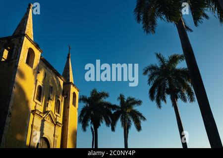 Santa Ana Kirche Fassade von Palmen bei Sonnenuntergang Licht eingerahmt, und wolkenlosen blauen Himmel Merida, Yucatan, Mexiko Stockfoto