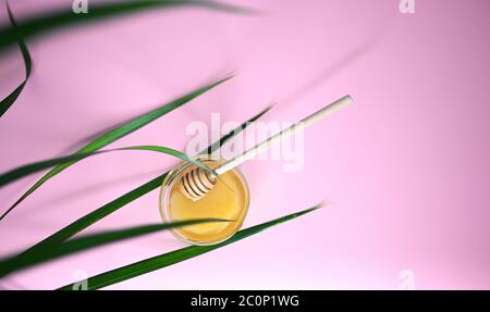 Set von Enthaarung und Schönheit auf rosa Hintergrund Konzept - Zucker-Paste oder Haarentfernung Wachsen geschmolzene Paste mit grünen Blättern. Zuckerpaste oder Honig in a Stockfoto
