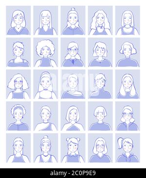 Weibliche Avatar Set mit Duo-Farbtöne. Vielfältige Gesichter, glückliche Ausdrücke. Einfache flache Cartoon-Stil. Stock Vektor