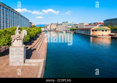 Genfer Stadtzentrum Antenne Panoramablick. Oder Genf Genf ist die zweitgrösste Stadt der Schweiz, am Genfer See entfernt. Stockfoto