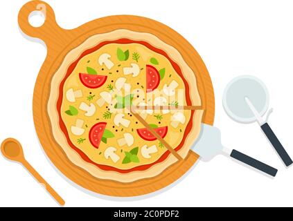 Pilzpizza auf einem Holzbrett mit Utensilien flach Ikone Vektor isoliert Stock Vektor