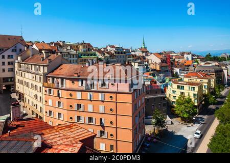 Lausanne oder Losanna Luftpanorama, Hauptstadt und größte Stadt des Kantons Waadt, am Ufer des Genfer Sees in der Schweiz gelegen. Stockfoto