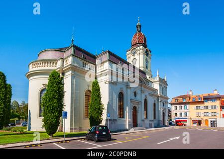 Morges Tempel ist eine protestantische Kirche in Morges. Morges ist eine Stadt am Ufer des Genfer Sees im Kanton Waadt in der Schweiz Stockfoto