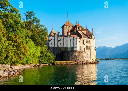 Schloss Chillon oder Chateau de Chillon ist eine Insel schloss am Genfer See in der Nähe von Montreux in der Schweiz Stockfoto