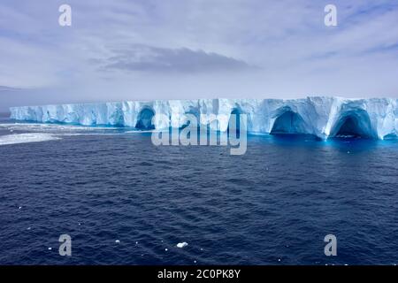 Ein großer blauer Eisberg, der in der Antarktis schwimmt. Stockfoto