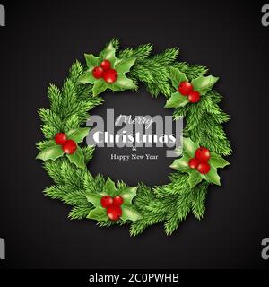 Weihnachtskranz mit Stechpalme. Frohe Weihnachten und ein glückliches neues Jahr Stock Vektor