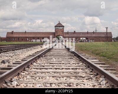 Haupttor und Eisenbahnstrecke zum Konzentrationslager Oswiecim-Brzezinka oder Auschwitz-Birkenau, Polen Stockfoto