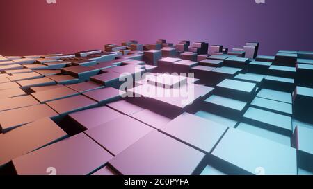 3D-Rendering von erhöhten bunten glänzenden blauen und rosa metallischen quadratischen Fliesen, futuristische abstrakte Landschaft, flach Lay Illustration Stockfoto