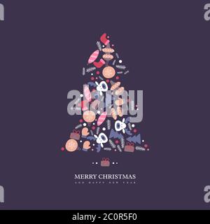Weihnachtsbaum mit handgezeichneten Winterelementen im Doodles-Stil. Dunkler Hintergrund mit Grußtext, Vektorgrafik. Stock Vektor