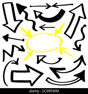 Doodle Arrows Symbol auf weiß isoliert gesetzt. Schwarzer handgezeichneter Pfeil. Vektorgrafik Stock Vektor