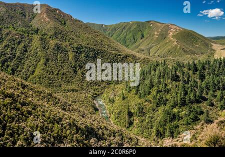 Ngaruroro River, Kaweka Range, Kaweka Forest Park, Blick von der Taihape Road in der Nähe des Campingplatzes Kuripapango, Hawke's Bay Region, Nordinsel, Neuseeland Stockfoto