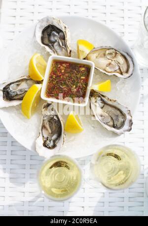 Selektive Fokuspunkt auf Schale frische Austern mit Zitrone und Gläser Champagner Stockfoto
