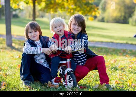 Schöne blonde zwei Jahre alten Kleinkind Junge und seine beiden älteren Brüder, Reiten roten Dreirad im Park bei Sonnenuntergang, schönen Herbsttag Stockfoto