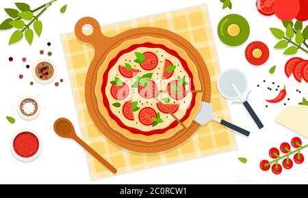 Köstliche Pizza margherita Vektor-Illustration in flachem Design. Traditionelles italienisches Fast Food. Stock Vektor