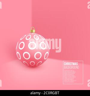 Weihnachtliche rosa Kugel mit geometrischem Muster. 3d realistischer Stil auf Wandhintergrund, Vektorgrafik. Stock Vektor