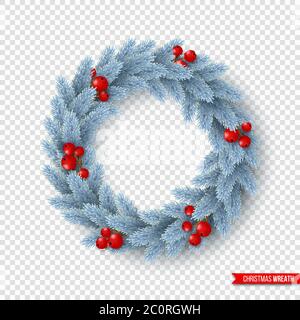 Weihnachtskranz mit realistischen Tannenzweigen und Beeren. Dekoratives Design-Element für Urlaubsplakate, Flyer, Banner. Isoliert auf transparent Stock Vektor