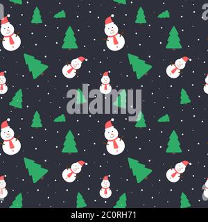 Weihnachten nahtlose Muster, Neujahr dunkle Farbe Hintergrund. Weihnachtsbaum, Schneemann, Schneefall. Vektorgrafik. Stock Vektor
