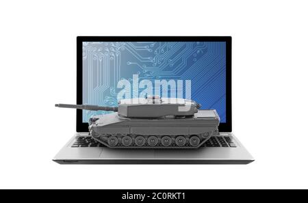 Tank auf Laptop isoliert auf weißem Hintergrund Stockfoto