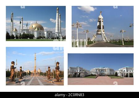 Moschee, Monument Neutrality Arch, Unabhängigkeitsbogen, Palast mit Säulen und Kuppeln. Aschkhabad. Turkmenistan. Stockfoto