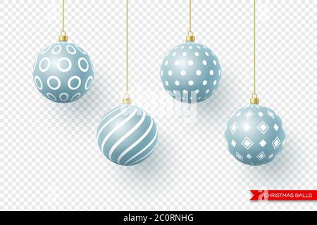 3d Weihnachten gelbe Kugeln mit geometrischem Muster. Dekorative Elemente für Urlaub Neujahr Design. Isoliert auf transparentem Hintergrund, Vektor Stock Vektor