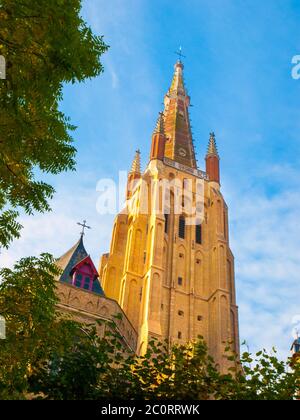 Mittelalterliche Kirche unserer Lieben Frau in Brügge an sonnigen Tag, Belgien. Stockfoto